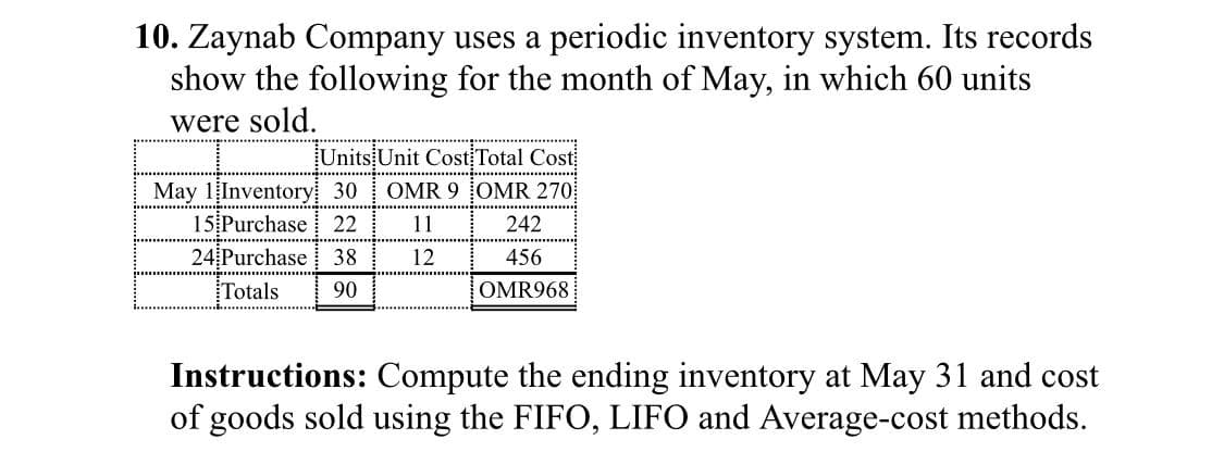 10. Zaynab Company uses a periodic inventory system. Its records
show the following for the month of May, in which 60 units
were sold.
Units Unit Cost Total Cost
........
May 1Inventory 30
15 Purchase
OMR 9 OMR 270
22
11
242
24 Purchase
38
12
456
Totals
90
OMR968
Instructions: Compute the ending inventory at May 31 and cost
of goods sold using the FIFO, LIFO and Average-cost methods.
