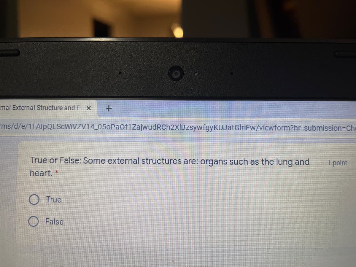 mal External Structure and F X
ms/d/e/1FAIPQLSCWIVZV14_05oPaOf1ZajwudRCh2XIBzsywfgyKUJatGlriEw/viewform?hr_submission%3DCho
True or False: Some external structures are: organs such as the lung and
1 point
heart. *
O True
O False
