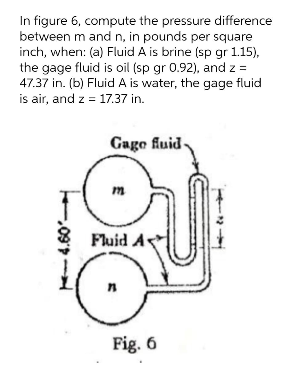In figure 6, compute the pressure difference
between m and n, in pounds per square
inch, when: (a) Fluid A is brine (sp gr 1.15),
the gage fluid is oil (sp gr 0.92), and z =
47.37 in. (b) Fluid A is water, the gage fluid
is air, and z =
17.37 in.
Gago fluid
Fluid A
Fig. 6
