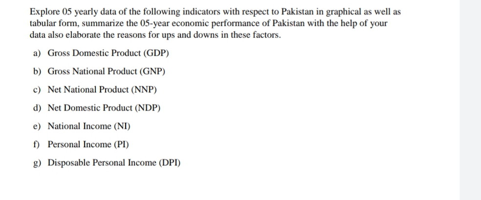 Explore 05 yearly data of the following indicators with respect to Pakistan in graphical as well as
tabular form, summarize the 05-year economic performance of Pakistan with the help of your
data also elaborate the reasons for ups and downs in these factors.
a) Gross Domestic Product (GDP)
b) Gross National Product (GNP)
c) Net National Product (NNP)
d) Net Domestic Product (NDP)
e) National Income (NI)
f) Personal Income (PI)
g) Disposable Personal Income (DPI)
