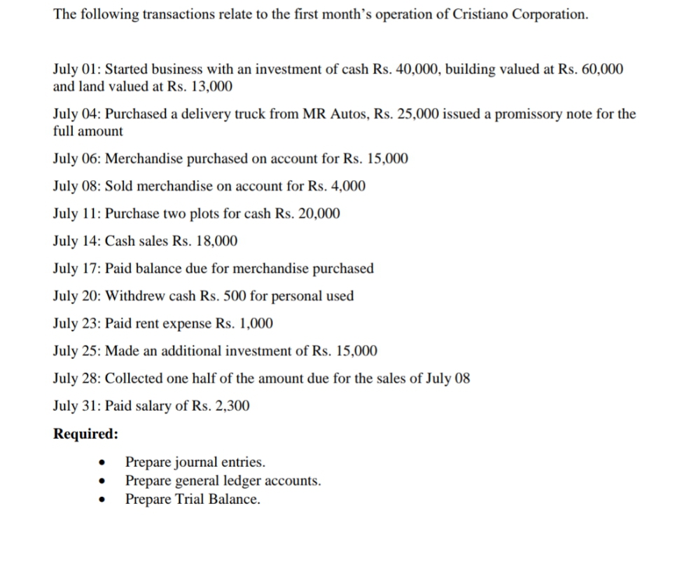 The following transactions relate to the first month’s operation of Cristiano Corporation.
July 01: Started business with an investment of cash Rs. 40,000, building valued at Rs. 60,000
and land valued at Rs. 13,000
July 04: Purchased a delivery truck from MR Autos, Rs. 25,000 issued a promissory note for the
full amount
July 06: Merchandise purchased on account for Rs. 15,000
July 08: Sold merchandise on account for Rs. 4,000
July 11: Purchase two plots for cash Rs. 20,000
July 14: Cash sales Rs. 18,000
July 17: Paid balance due for merchandise purchased
July 20: Withdrew cash Rs. 500 for personal used
July 23: Paid rent expense Rs. 1,000
July 25: Made an additional investment of Rs. 15,000
July 28: Collected one half of the amount due for the sales of July 08
July 31: Paid salary of Rs. 2,300
Required:
Prepare journal entries.
Prepare general ledger accounts.
Prepare Trial Balance.
