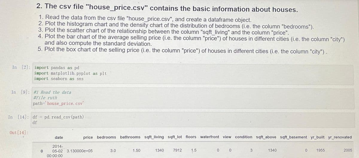 2. The csv file "house_price.csv" contains the basic information about houses.
1. Read the data from the csv file "house_price.csv", and create a dataframe object.
2. Plot the histogram chart and the density chart of the distribution of bedrooms (i.e. the column "bedrooms").
3. Plot the scatter chart of the relationship between the column "sqft_living" and the column "price".
4. Plot the bar chart of the average selling price (i.e. the column "price") of houses in different cities (i.e. the column "city")
and also compute the standard deviation.
5. Plot the box chart of the selling price (i.e. the column "price") of houses in different cities (i.e. the column "city").
In [2] import pandas as pd
Out [14]:
import matplotlib. pyplot as plt
import seaborn as sns
In [9]: #1 Read the data
#file ruth
path='house_price.csv'
In [14]: df pd. read_csv (path)
df
0
date
price bedrooms bathrooms sqft_living sqft_lot floors waterfront view condition sqft_above sqft_basement yr_built yr_renovated
2014-
05-02 3.130000e+05
00:00:00
3.0
1.50
1340
7912
1.5
0
0
3
1340
0
1955
2005