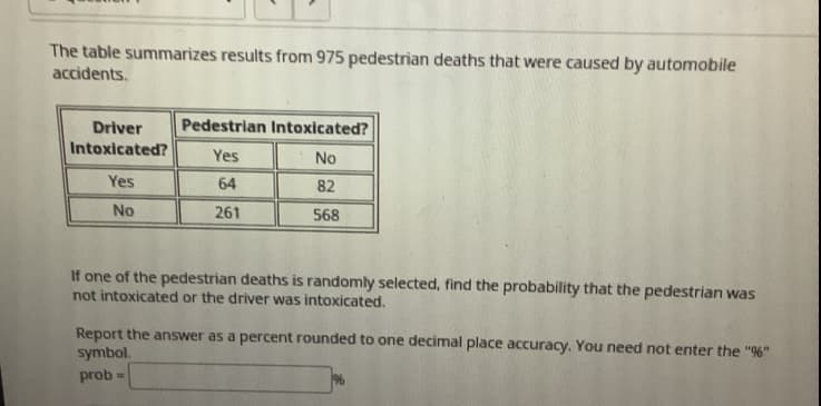 The table summarizes results from 975 pedestrian deaths that were caused by automobile
accidents.
Driver
Pedestrian Intoxicated?
Intoxicated?
Yes
No
Yes
64
82
No
261
568
If one of the pedestrian deaths is randomly selected, find the probability that the pedestrian was
not intoxicated or the driver was intoxicated.
Report the answer as a percent rounded to one decimal place accuracy. You need not enter the "6"
symbol.
prob =
