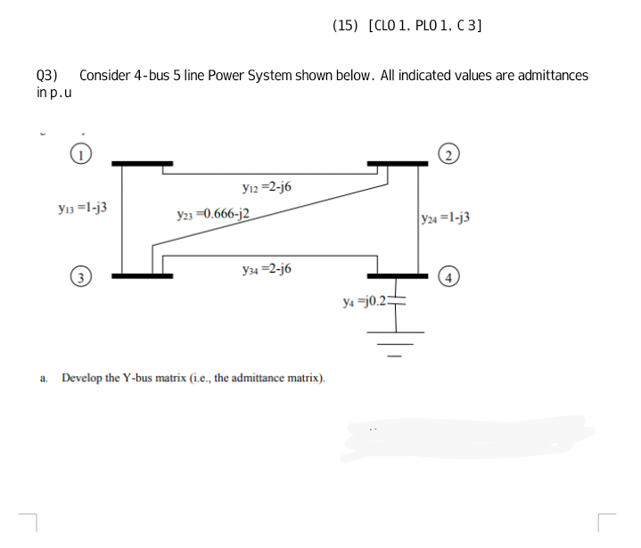 (15) [CLO 1, PLO 1, C 3]
Q3)
in p.u
Consider 4-bus 5 line Power System shown below. All indicated values are admittances
Y12 =2-j6
Y13 =1-j3
y23 =0.666-j2
Y24 =1-j3
(3)
Y34 =2-j6
y4 =j0.2=
a. Develop the Y-bus matrix (i.e., the admittance matrix).
