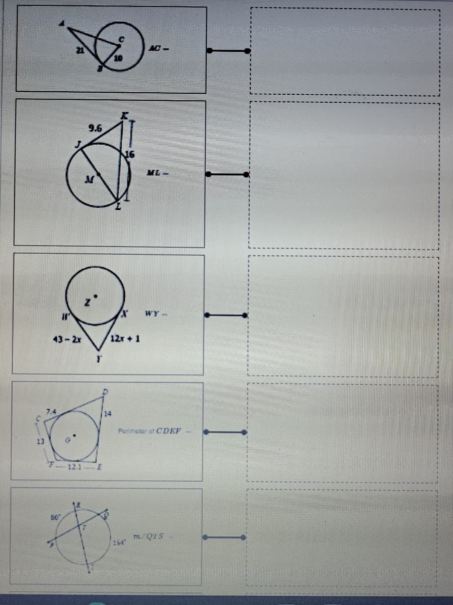 AC -
10
9.6
ML =
WY -
43-2r
12r + 1
7.4
14
Perimeter of CDEF
13
-12.1
m/QIS
14
