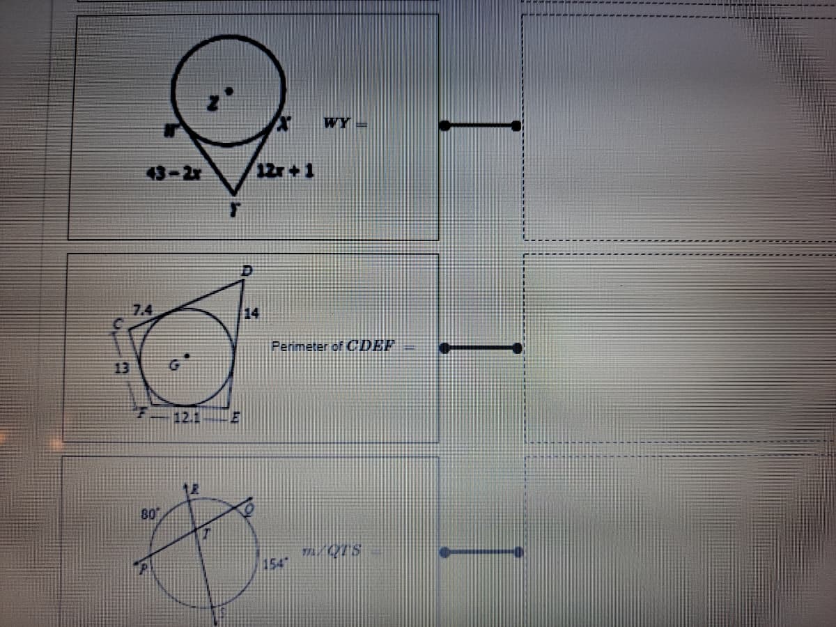 WY =
43-2
12r+1
7.4
14
Perimeter of CDEF
13
12.1 E
154
