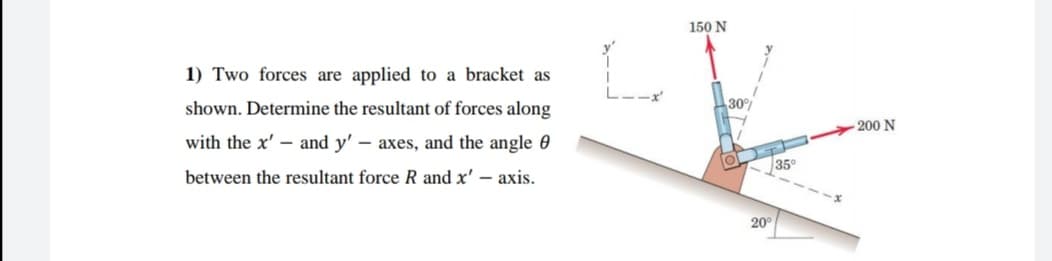 150 N
1) Two forces are applied to a bracket as
shown. Determine the resultant of forces along
30
with the x' – and y' – axes, and the angle 0
200 N
between the resultant force R and x' – axis.
35°
20
