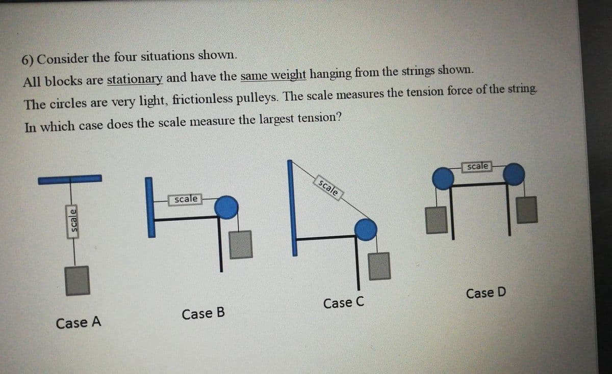6) Consider the four situations shown.
All blocks are stationary and have the same weight hanging from the strings shown.
The circles are very light, frictionless pulleys. The scale measures the tension force of the string.
In which case does the scale measure the largest tension?
scale
Case A
scale
Case B
scale
Case C
scale
Case D