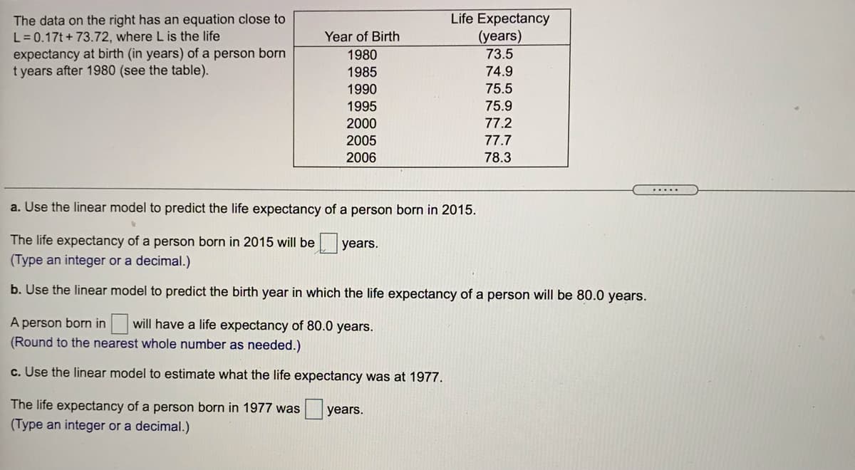 The data on the right has an equation close to
L=0.17t + 73.72, where L is the life
expectancy at birth (in years) of a person born
t years after 1980 (see the table).
Life Expectancy
(years)
73.5
Year of Birth
1980
1985
74.9
1990
75.5
1995
75.9
2000
77.2
2005
77.7
2006
78.3
.....
a. Use the linear model to predict the life expectancy of a person born in 2015.
The life expectancy of a person born in 2015 will be years.
(Type an integer or a decimal.)
b. Use the linear model to predict the birth year in which the life expectancy of a person will be 80.0 years.
A person born in
(Round to the nearest whole number as needed.)
will have a life expectancy of 80.0 years.
c. Use the linear model to estimate what the life expectancy was at 1977.
The life expectancy of a person born in 1977 was
(Type an integer or a decimal.)
years.
