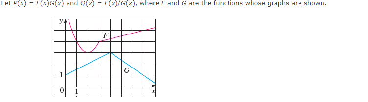 Let P(x) = F(x)G(x) and Q(x) = F(x)/G(x), where F and G are the functions whose graphs are shown.
F
G
-1

