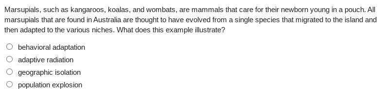 Marsupials, such as kangaroos, koalas, and wombats, are mammals that care for their newborn young in a pouch. All
marsupials that are found in Australia are thought to have evolved from a single species that migrated to the island and
then adapted to the various niches. What does this example illustrate?
behavioral adaptation
adaptive radiation
geographic isolation
population explosion