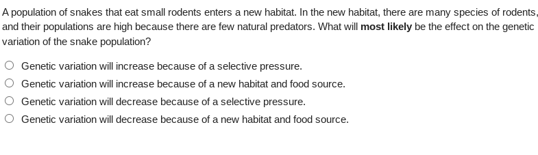 A population of snakes that eat small rodents enters a new habitat. In the new habitat, there are many species of rodents,
and their populations are high because there are few natural predators. What will most likely be the effect on the genetic
variation of the snake population?
Genetic variation will increase because of a selective pressure.
Genetic variation will increase because of a new habitat and food source.
Genetic variation will decrease because of a selective pressure.
Genetic variation will decrease because of a new habitat and food source.