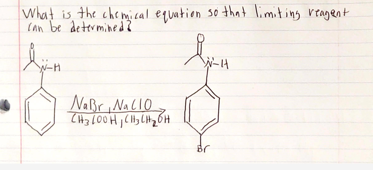 What is the chemical equation so that limiting reagent
can be determined?
Wー4
W-H
Naßr i NaCIO
Br
