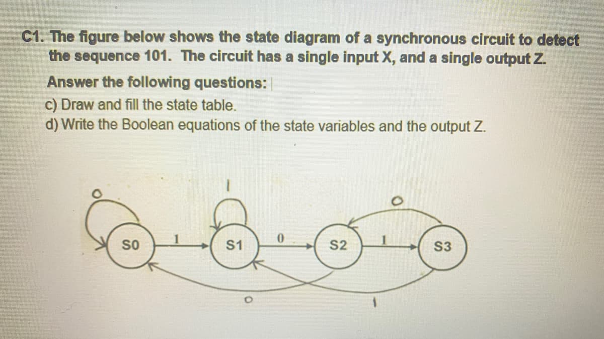C1. The figure below shows the state diagram of a synchronous circuit to detect
the sequence 101. The circuit has a single input X, and a single output Z.
Answer the following questions:
c) Draw and fill the state table.
d) Write the Boolean equations of the state variables and the output Z.
so
S1
S2
S3
