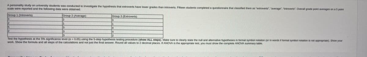 A personality study on university students was conducted to investigate the hypothesis that extroverts have lower grades than introverts. Fifteen students completed a questionnaire that classified them as "extroverts", "average", "introverts". Overall grade point averages on a 5 point
scale were reported and the following data were obtained:
Group 1 (Introverts)
Group 2 (Average)
Group 3 (Extroverts)
3
2.
1
13
3
3
12
Test the hypothesis at the 5% significance level (a = 0.05) using the 5-step hypothesis testing procedure (show ALL steps). Make sure to clearly state the null and alternative hypotheses in formal symbol notation (or in words if formal symbol notation is not appropriate). Show your
work. Show the formula and all steps of the calculations and not just the final answer. Round all values to 2 decimal places. If ANOVA is the appropriate test, you must show the complete ANOVA summary table.
