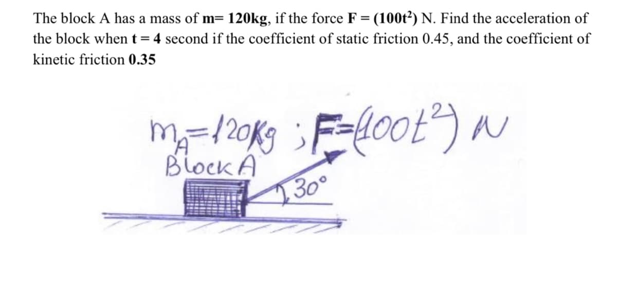 The block A has a mass of m= 120kg, if the force F = (100t?) N. Find the acceleration of
the block whent=4 second if the coefficient of static friction 0.45, and the coefficient of
kinetic friction 0.35
Block A
30°
