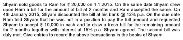 Shyam sold goods to Ram for 7 20,000 on 1.1.2015. On the same date Shyam drew
upon Ram a bill for the amount of bill at 2 months and Ram accepted the same. On
4th January 2015, Shyam discounted the bill at his bank @ 12% p.a. On the due date
Ram told Shyam that he was not in a position to pay the full amount and requested
Shyam to accept z 10,000 in cash and to draw a fresh bill for the remaining amount
for 2 months together with interest at 15% p.a. Shyam agreed. The second bill was
duly met. Give entries to record the above transactions in the books of Shyam.
