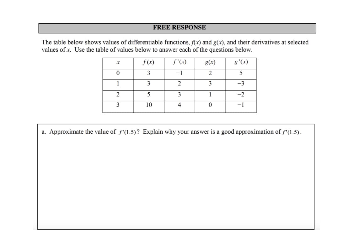 FREE RESPONSE
The table below shows values of differentiable functions, f(x) and g(x), and their derivatives at selected
values of x. Use the table of values below to answer each of the questions below.
f (x)
f'(x)
8(x)
g'(x)
3
-1
2
5
1
3
3
-3
2
3
1
-2
3
10
4
-1
a. Approximate the value of f'(1.5)? Explain why your answer is a good approximation of f'(1.5).
