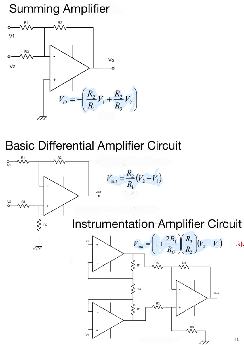 Summing Amplifier
R1
V1
R3
Vo
V2
Vo
(R2
R2V2
+
R,
R3
Basic Differential Amplifier Circuit
R1
R2
V1
R,
V.
(V, -v,)
R
out
Vout
Instrumentation Amplifier Circuit
R2
2R,
1+
R3
«)-
out
Ro R,
R2
R3
R1
RG
Vout
R2
R1
v2
13
