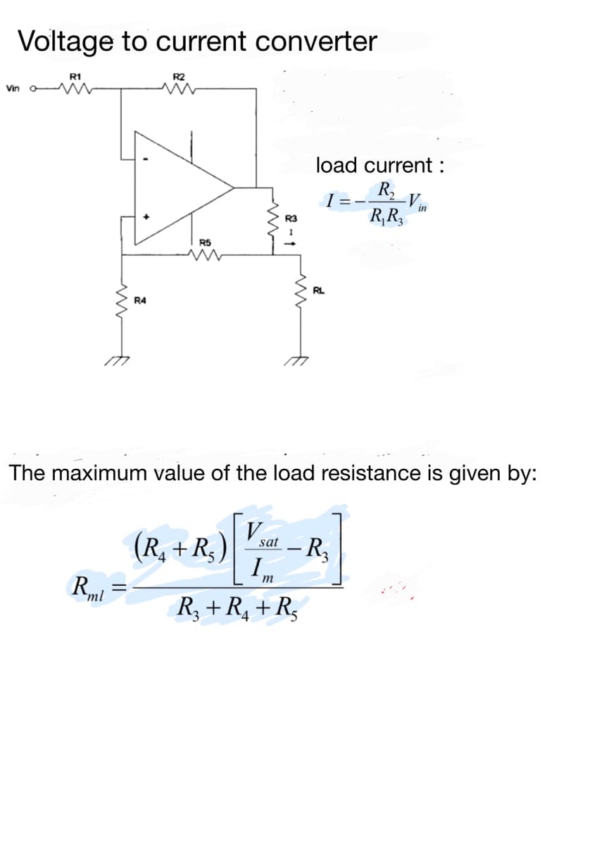 Voltage to current converter
R1
R2
Vin o W
load current :
R,
I=-
in
R,R,
R3
R5
RL
R4
The maximum value of the load resistance is given by:
V.
(R, + R,)
R3
sat
-
I,
m
Rml
R, + R, + R,
