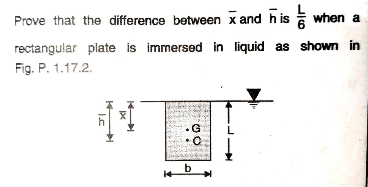 Prove that the difference between x and h is E when a
rectangular plate is immersed in liquid as shown in
Fig. P. 1.17.2.
.G
L.
IX
