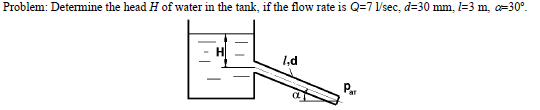 Problem: Determine the head H of water in the tank, if the flow rate is Q=7 1/sec, d=30 mm, l=3 m, =30°.
1,d
Par
