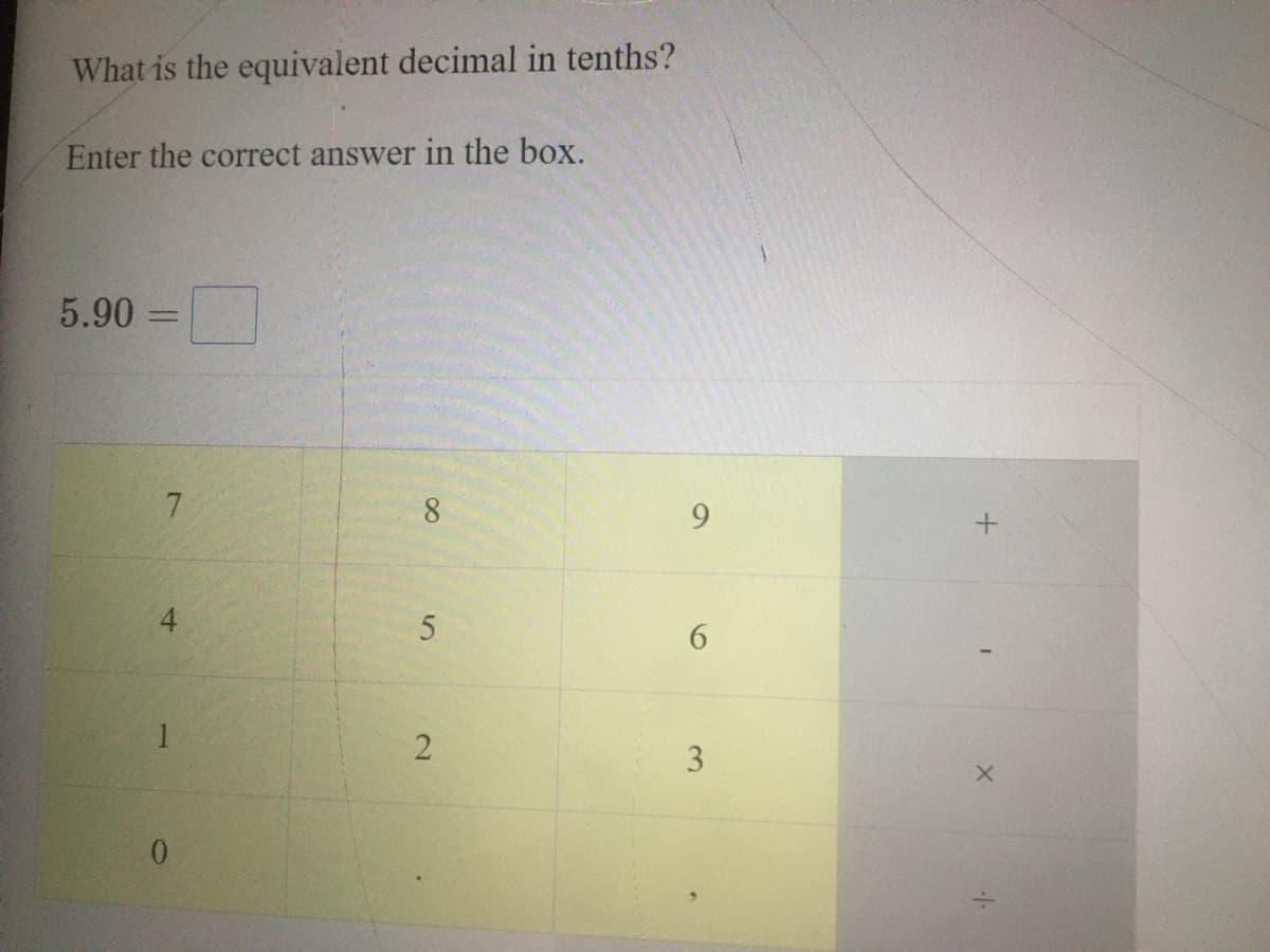 What is the equivalent decimal in tenths?
Enter the correct answer in the box.
5.90
7.
8.
9.
4
6.
3
2.
