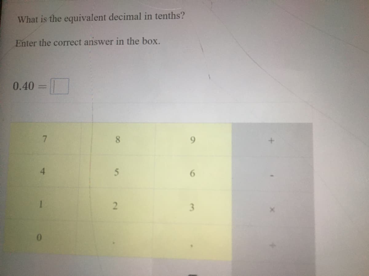What is the equivalent decimal in tenths?
Enter the correct answer in the box.
0.40 =
%3D
4.
6.
3.
2.

