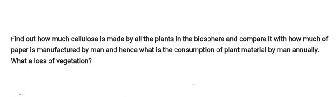 Find out how much cellulose is made by all the plants in the biosphere and compare it with how much of
paper is manufactured by man and hence what is the consumption of plant material by man annually.
What a loss of vegetation?
