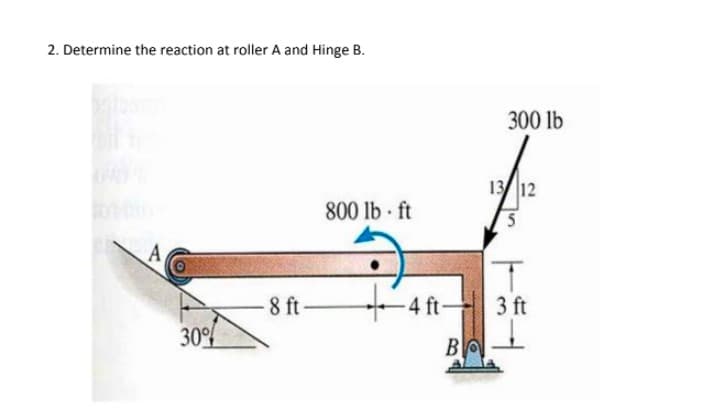 2. Determine the reaction at roller A and Hinge B.
300 lb
13 12
800 lb ft
5.
A
-4 ft-
3 ft
8 ft
30%
