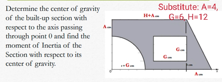 Substitute: A=4,
G=6 H=12
Determine the center of gravity
of the built-up section with
respect to the axis passing
through point 0 and find the
moment of Inertia of the
H+A cm
A cm
Gem
Section with respect to its
center of gravity.
Gem
=G em
I cm
A cm
