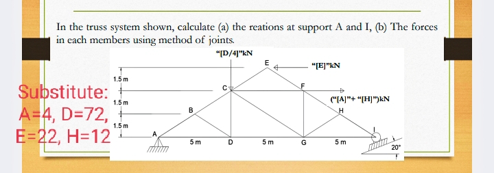 In the truss system shown, calculate (a) the reations at support A and I, (b) The forces
in each members using method of joints.
"ID/4]"kN
"E]"kN
1.5 m
Substitute:
A=4, D=72,
E=22, H=12
F
("[A]"+ "[H]")kN
1.5 m
B
1.5 m
5 m
D
5 m
5 m
20°
