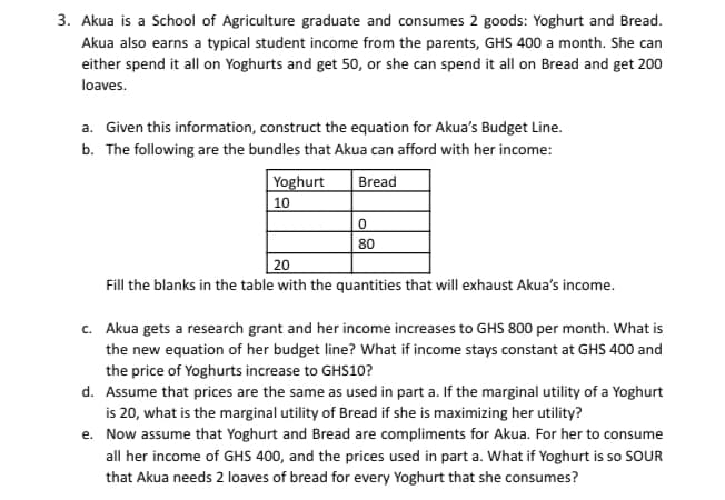 3. Akua is a School of Agriculture graduate and consumes 2 goods: Yoghurt and Bread.
Akua also earns a typical student income from the parents, GHS 400 a month. She can
either spend it all on Yoghurts and get 50, or she can spend it all on Bread and get 200
loaves.
a. Given this information, construct the equation for Akua's Budget Line.
b. The following are the bundles that Akua can afford with her income:
Yoghurt
Bread
10
80
20
Fill the blanks in the table with the quantities that will exhaust Akua's income.
c. Akua gets a research grant and her income increases to GHS 800 per month. What is
the new equation of her budget line? What if income stays constant at GHS 400 and
the price of Yoghurts increase to GHS10?
d. Assume that prices are the same as used in part a. If the marginal utility of a Yoghurt
is 20, what is the marginal utility of Bread if she is maximizing her utility?
e. Now assume that Yoghurt and Bread are compliments for Akua. For her to consume
all her income of GHS 400, and the prices used in part a. What if Yoghurt is so SOUR
that Akua needs 2 loaves of bread for every Yoghurt that she consumes?
