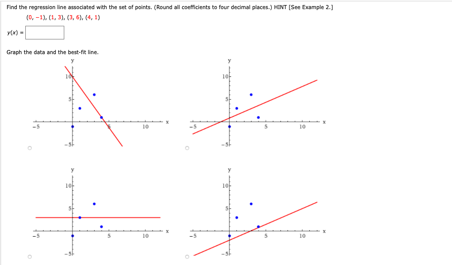 Find the regression line associated with the set of points. (Round all coefficients to four decimal places.) HINT [See Example 2.]
(0, –1), (1, 3), (3, 6), (4, 1)
y(x) =
Graph the data and the best-fit line.
10-
10
10
10
10
10
-5-
