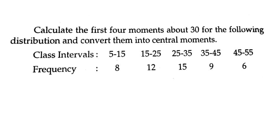 Calculate the first four moments about 30 for the following
distribution and convert them into central moments.
Class Intervals : 5-15
15-25
25-35 35-45
45-55
Frequency
8
12
15
9.
:

