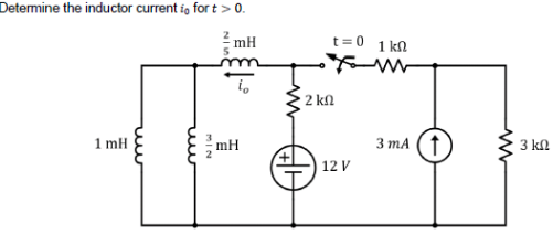 Determine the inductor current i fort > 0.
mH
1 mH
www
гии
MIN
NISC
mH
2 ΚΩ
t=0
12 V
1 ΚΩ
M
3 mA (†
ww
3 ΚΩ