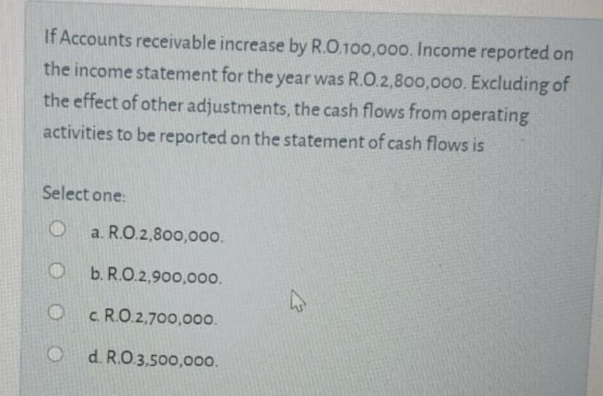 If Accounts receivable increase by R.O.100,000. Income reported on
the income statement for the year was R.O.2,800,000. Excluding of
the effect of other adjustments, the cash flows from operating
activities to be reported on the statement of cash flows is
