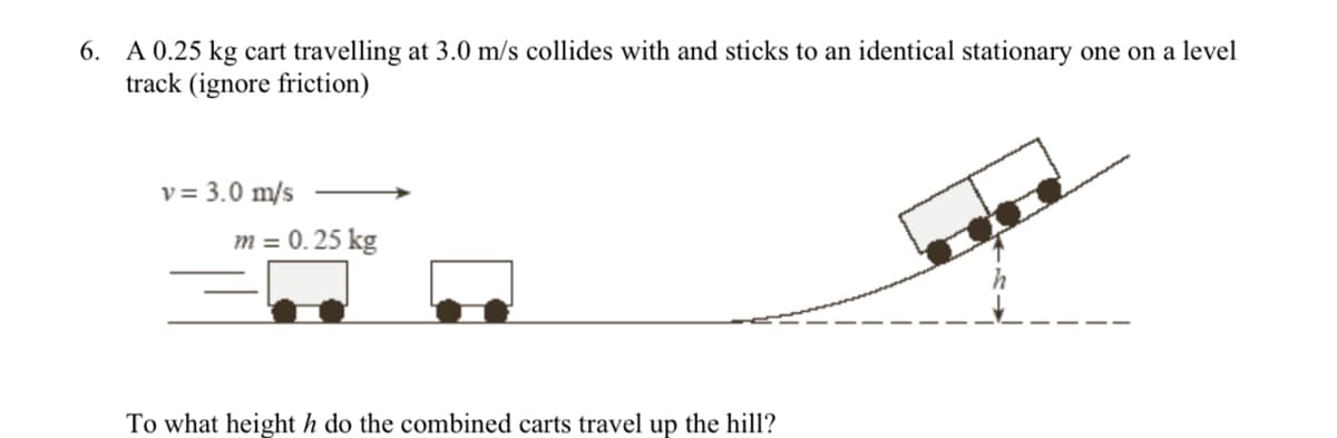 6. A 0.25 kg cart travelling at 3.0 m/s collides with and sticks to an identical stationary one on a level
track (ignore friction)
v = 3.0 m/s
m = 0.25 kg
To what height h do the combined carts travel up the hill?