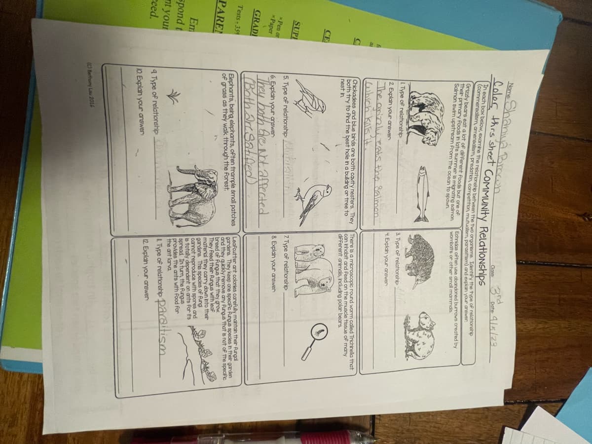 SUPE
CE
xPen or
xPaper
GRADI
Tests-359
PARE
Em
spond t
nt your
ceed.
f
Name
•Shaniya Brown
Colar thrs sheet COMMUNity Relationships
Grizzly bears eat a lot of different foods but one of
their primary foods in late summer is migrating salmon.
Salmon swim upstream from the ocean to spawn
In each bax below, examine the relationship between the two organisms. Identify the type of relationship
your answer.
Echnidas often use abandoned burrows created by
wombats or other small mammals.
L Type of relationship
2. Explain your answer:
The grizzly eats the Salmon
it.
Chickadees and blue birds are both cavity nesters. They
both try to find the best hole in a building or tree to
nest In
fans of inden
5. Type of relationship: Mits
6. Explain your answer:
They both Are Not affected.
(Both are Satified)
Elephants, being elephants, often trample small patches
of grass as they walk through the forest.
M
4 Type of relationship.
10. Explain your answer:
(C) Bethany Lau 2016
Class
3. Type of relationship
4. Explain your answer
Date 9/5/23
There is a microscopic round worm called Trichinella that
can inhabit and feed on the muscle tissue of many
different animals, including polar bears.
7. Type of relationship
8. Explain your answer
Leafcutter ant colonies carefully maintain their fungal
gardens. They keep one specific fungus species in their garden
and they quickly remove any fungus that is not of the specific
breed of fungus that they grow.
They feed their fungus with leaf
material they carry down into their
gardens. This species of fung
cannot reproduce with spores and
is totally dependent on ants for its
spread In turn, the fungus
provides the ants with food for
the ant larva.
1 Type of relationship paraitism
12 Explain your answer.