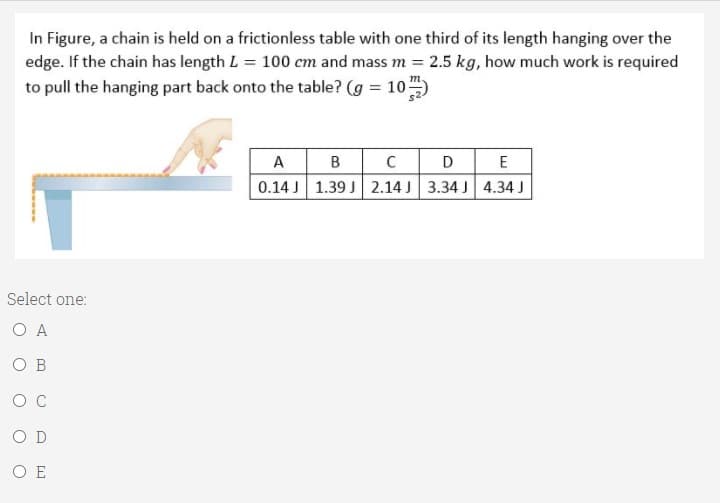 In Figure, a chain is held on a frictionless table with one third of its length hanging over the
edge. If the chain has length L = 100 cm and mass m = 2.5 kg, how much work is required
to pull the hanging part back onto the table? (g = 10
|DE
0.14 J 1.39 J 2.14 J 3.34 J 4.34 J
A
B
Select one:
O A
O B
O C
O D
O E
