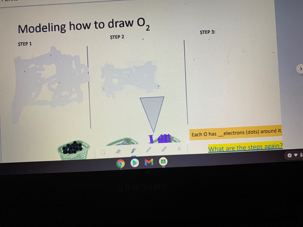 Modeling how to draw O,
STEP 2
STEP 3:
STEP 1
>
工
Each O has
_electrons (dots) around it.
What are the steps again?
