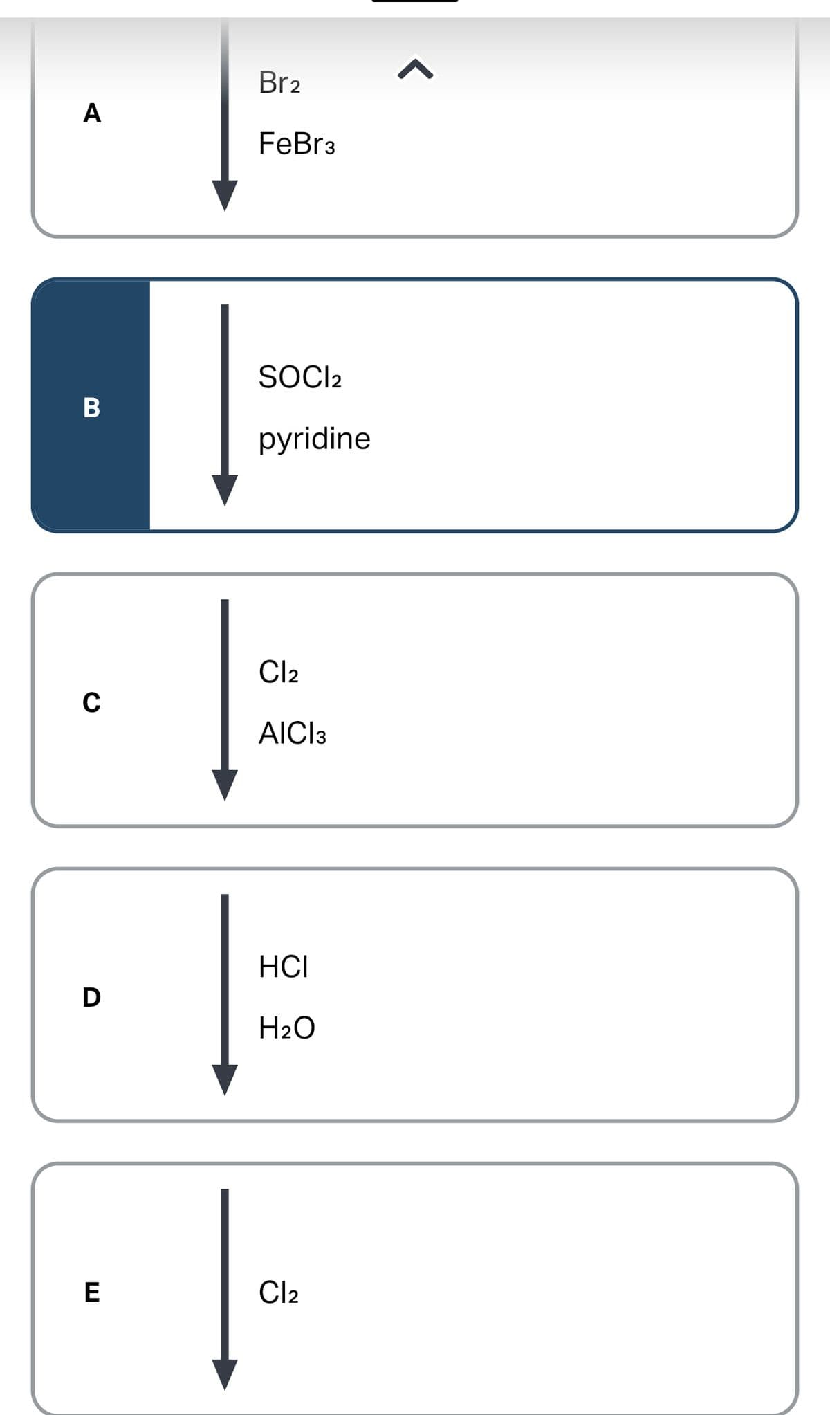 A
B
C
D
E
Br2
FeBr3
SOCI2
pyridine
Cl₂
AICI 3
HCI
H₂O
Cl₂
