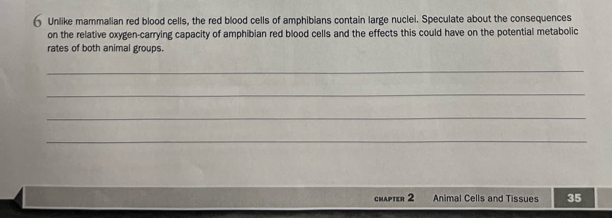 6 Unlike mammalian red blood cells, the red blood cells of amphibians contain large nuclei. Speculate about the consequences
on the relative oxygen-carrying capacity of amphibian red blood cells and the effects this could have on the potential metabolic
rates of both animal groups.
CHAPTER 2
Animal Cells and Tissues
35