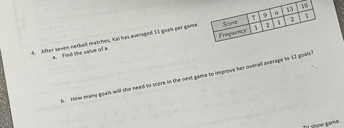 4. After seven netball matches, Kai has averaged 11 goals per game.
a. Find the value of a.
7
9
16
13
a
Score
Frequency
1
2
1
2
1
b. How many goals will she need to score in the next game to improve her overall average to 12 goals?
TV show game.