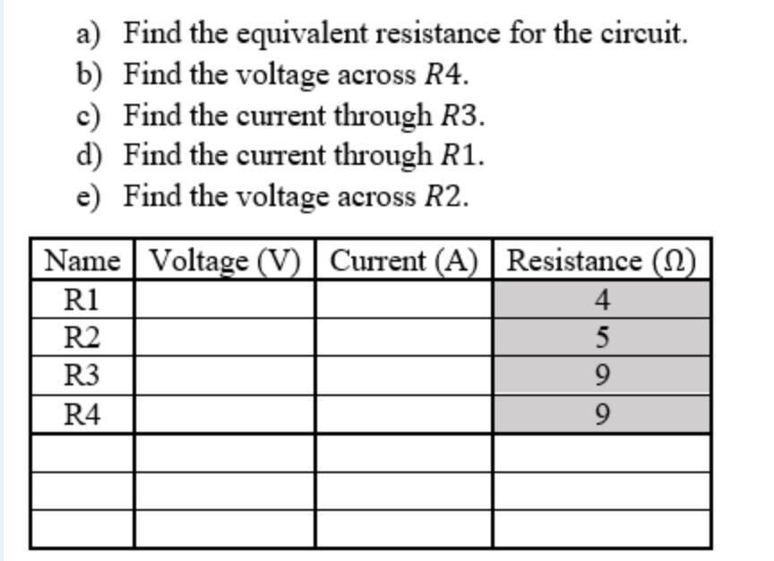 a) Find the equivalent resistance for the circuit.
b) Find the voltage across R4.
c) Find the current through R3.
d) Find the current through R1.
e) Find the voltage across R2.
Name Voltage (V) | Current (A) | Resistance (N)
R1
4
R2
5
R3
R4
9
