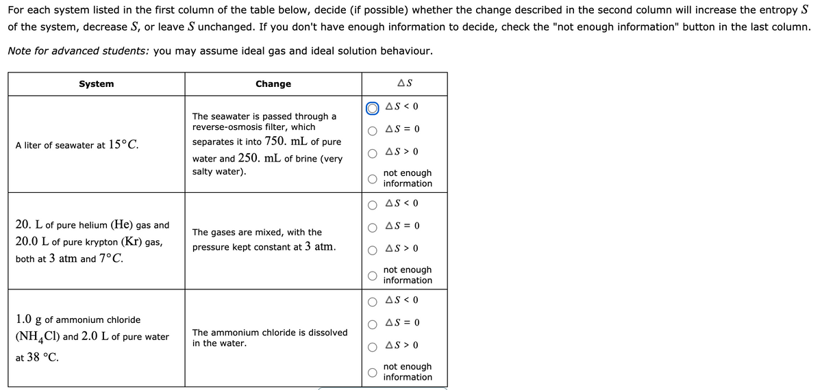 For each system listed in the first column of the table below, decide (if possible) whether the change described in the second column will increase the entropy S
of the system, decrease S, or leave S unchanged. If you don't have enough information to decide, check the "not enough information" button in the last column.
Note for advanced students: you may assume ideal gas and ideal solution behaviour.
System
Change
AS
AS < 0
The seawater is passed through a
reverse-osmosis filter, which
AS = 0
A liter of seawater at 15°C.
separates it into 750. mL of pure
AS > 0
water and 250. mL of brine (very
salty water).
not enough
information
AS < 0
20. L of pure helium (He) gas and
AS = 0
The gases are mixed, with the
20.0 L of pure krypton (Kr) gas,
pressure kept constant at 3 atm.
AS > 0
both at 3 atm and 7°C.
not enough
information
AS < 0
1.0 g of ammonium chloride
AS = 0
(NH,CI) and 2.0 L of pure water
The ammonium chloride is dissolved
in the water.
4
AS > 0
at 38 °C.
not enough
information
