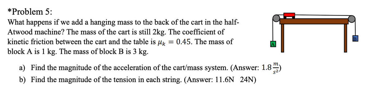 *Problem 5:
What happens if we add a hanging mass to the back of the cart in the half-
Atwood machine? The mass of the cart is still 2kg. The coefficient of
kinetic friction between the cart and the table is uk
block A is 1 kg. The mass of block B is 3 kg.
= 0.45. The mass of
a) Find the magnitude of the acceleration of the cart/mass system. (Answer: 1.8)
b) Find the magnitude of the tension in each string. (Answer: 11.6N 24N)
