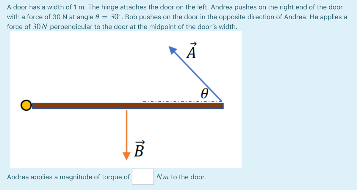 A door has a width of 1 m. The hinge attaches the door on the left. Andrea pushes on the right end of the door
with a force of 30 N at angle 0 = 30°. Bob pushes on the door in the opposite direction of Andrea. He applies a
force of 30N perpendicular to the door at the midpoint of the door's width.
Ā
Andrea applies a magnitude of torque of
Nm to the door.

