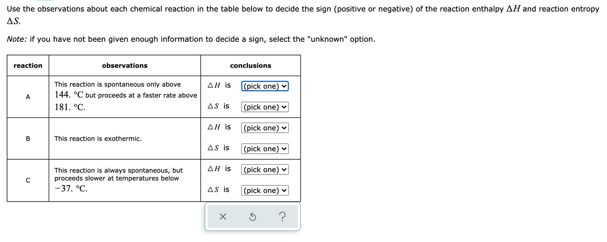Use the observations about each chemical reaction in the table below to decide the sign (positive or negative) of the reaction enthalpy AH and reaction entropy
AS.
Note: if you have not been given enough information to decide a sign, select the "unknown" option.
reaction
observations
conclusions
This reaction is spontaneous only above
ΔΗ is
(pick one)
A
144. °C but proceeds at a faster rate above
181. °C.
AS is
|(pick one)
ΔΗ is
|(pick one)
В
This reaction is exothermic.
AS is
|(pick one) ♥
ΔΗ is
|(pick one)
This reaction is always spontaneous, but
proceeds slower at temperatures below
-37. °C.
C
AS is
|(pick one)
?
