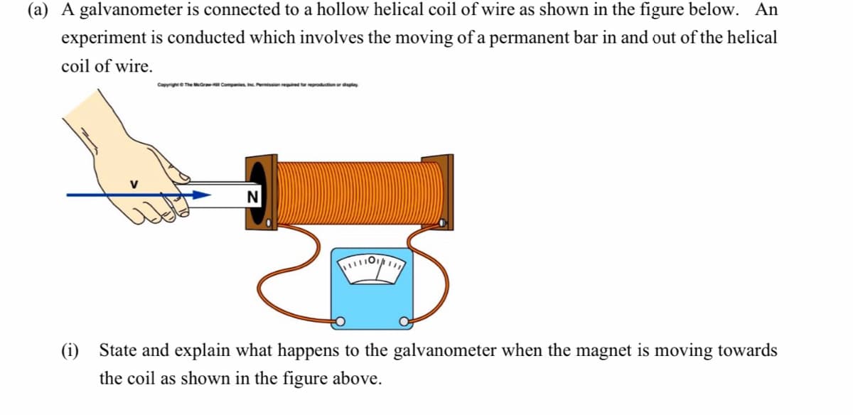 (a) A galvanometer is connected to a hollow helical coil of wire as shown in the figure below. An
experiment is conducted which involves the moving of a permanent bar in and out of the helical
coil of wire.
Capyrigte The MGr Companies . Pemission requiredtor reproduction or disptay
N
(i) State and explain what happens to the galvanometer when the magnet is moving towards
the coil as shown in the figure above.
